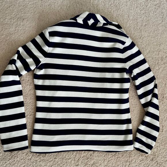 T Talbots Navy White Striped Preppy Nautical Asymmetrical Zip Moto Jacket Small - Picture 9 of 13